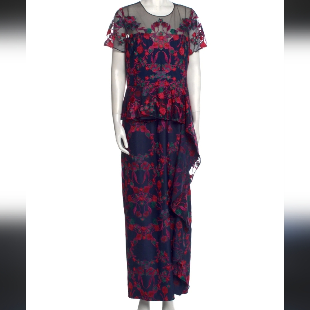 Marchesa Navy Blue Maxi Dress with Red and Pink Floral Embroidery